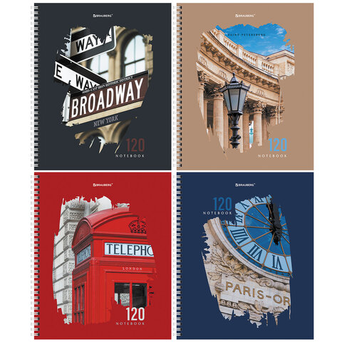 Тетрадь А5, 120л. 'BRAUBERG.Города', клетка , твердая обложка , на гребне, 404449