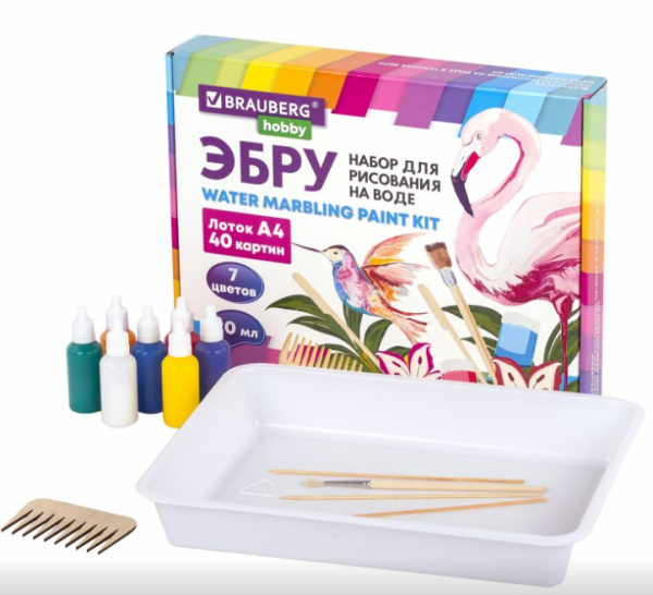 ЭБРУ набор для рисования на воде 7 цветов по 20 мл (40 картин), лоток А4, BRAUBERG HOBBY, 665354