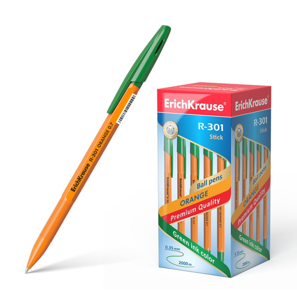 Ручка шариковая Erich Krause R-301 Orange Stick зелен 0,7 мм шест,оранж, 43197